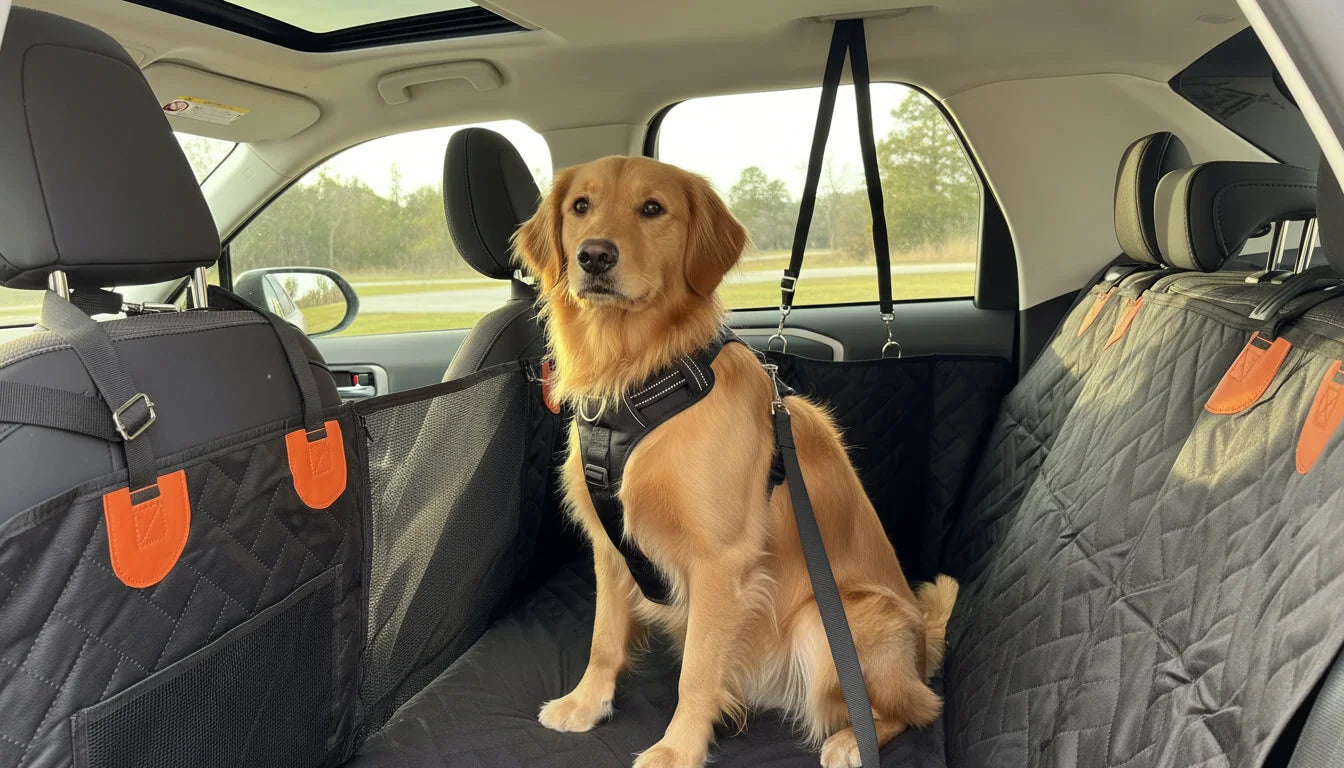 dog safely seatted in a waterproof seat cover from whisker bark using a seatbelt and a harness