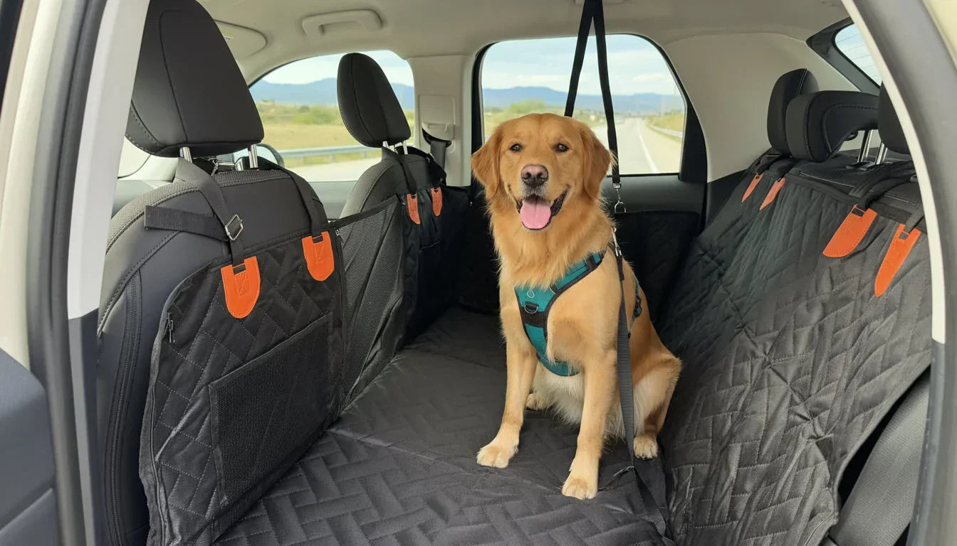Dog in the backseat of a car in a whisker bark seat cover waiting to go on a road trip