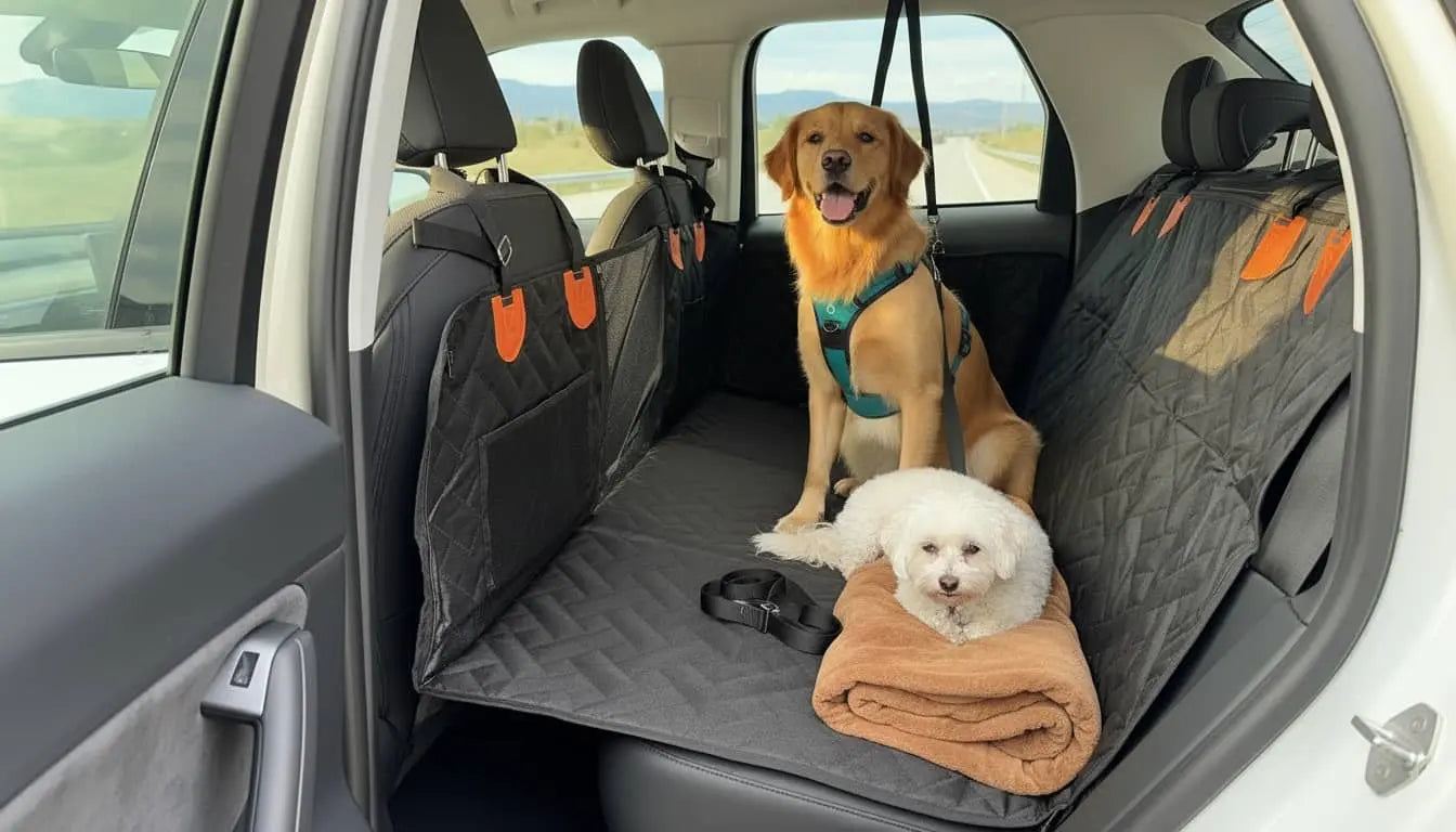 two dogs sitting on a hard bottom dog seat cover from Whisker Bark