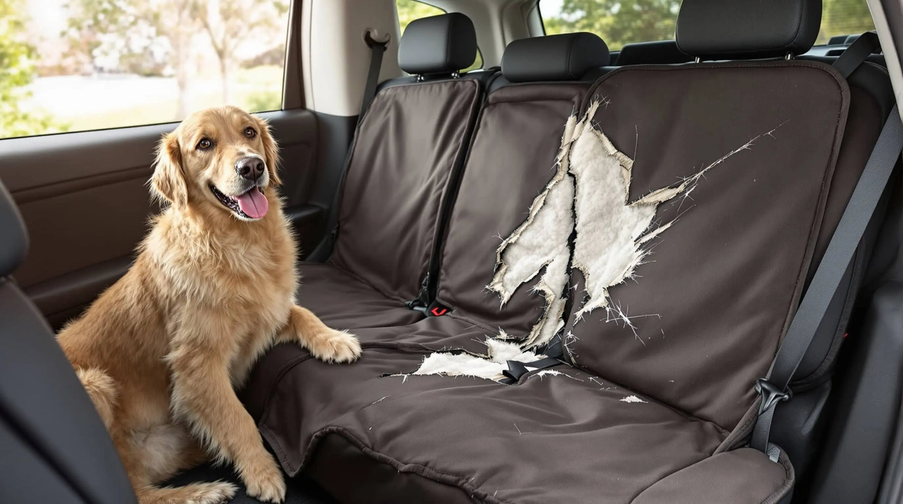 Golden retriever in a car with a broken dog seat cover waiting for a replacement