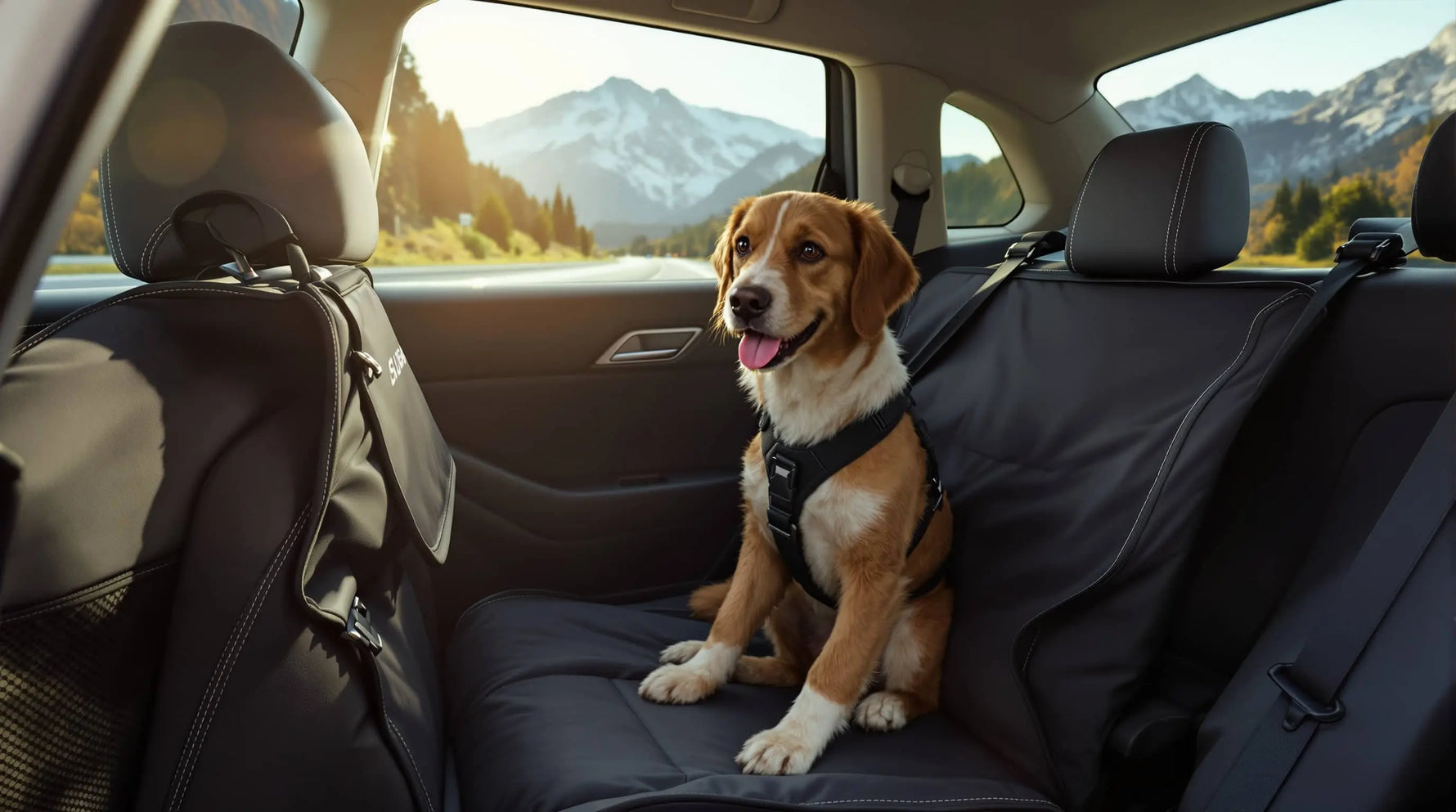 dog sitting in the bacseat of a car using a harness