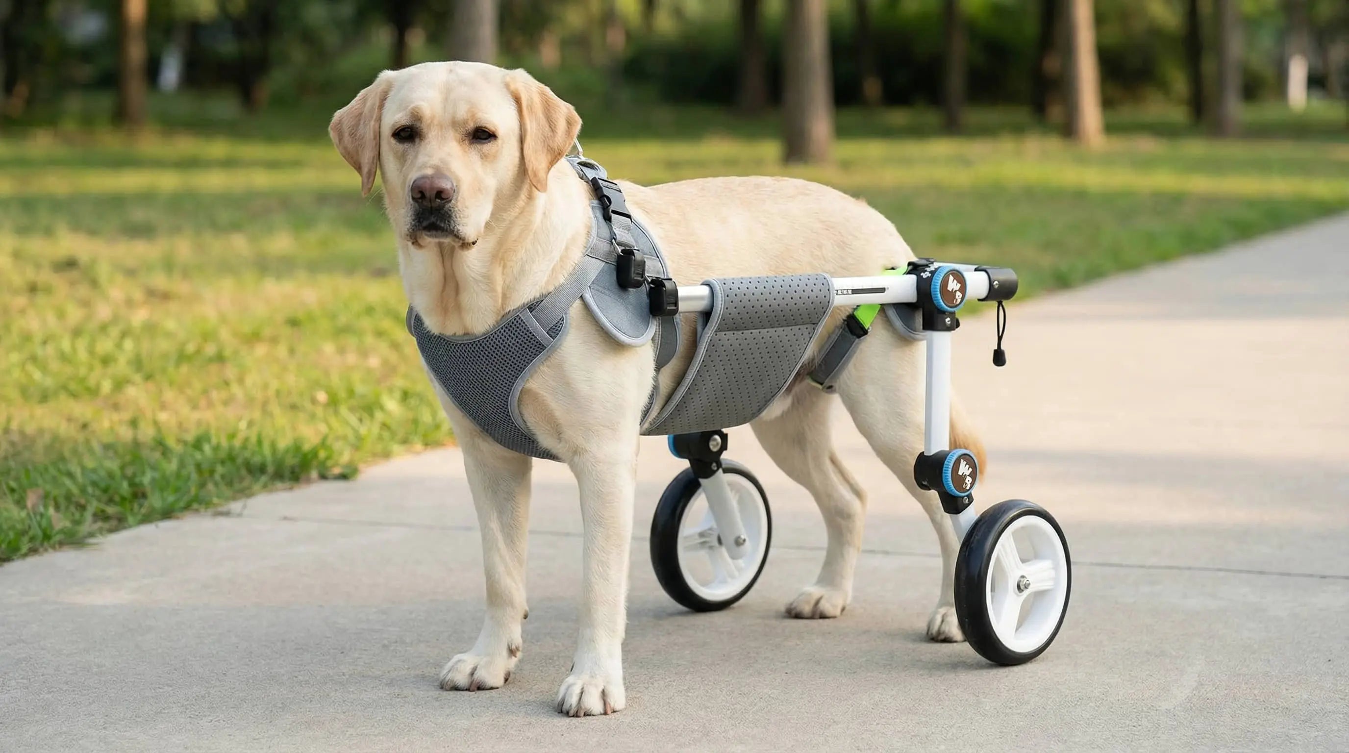 labrador using a dog wheelchair
