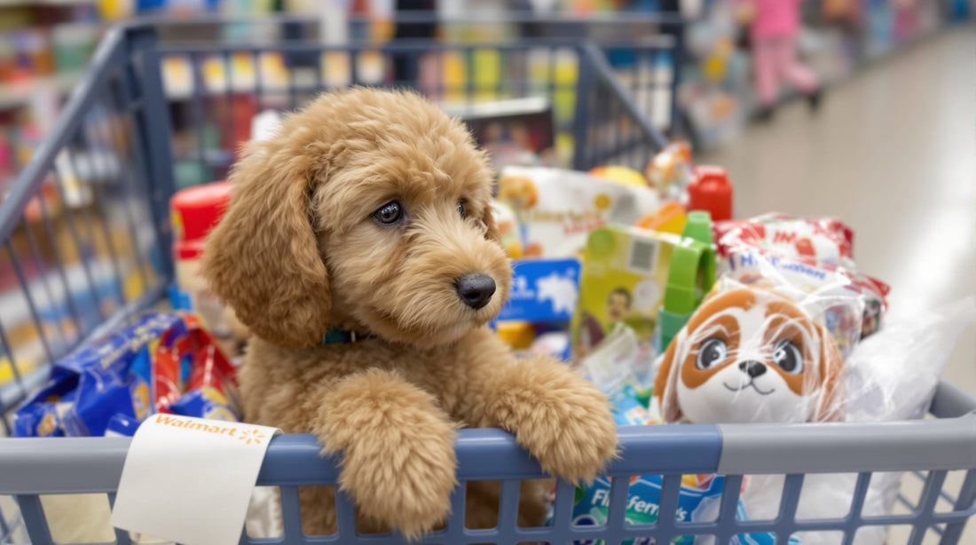 small golden doodle dog in a walmart cart