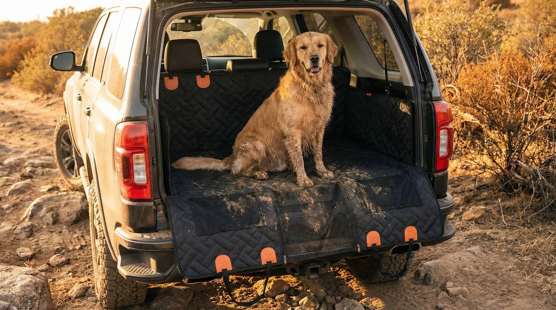 hard bottom dog seat cover in use in the trunk of a car