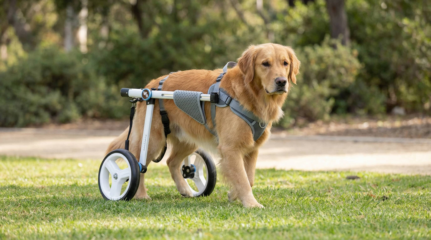 Dog in a wheelchair outdoors