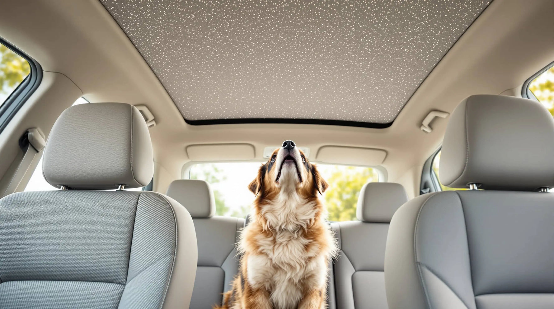 dog looking at a car headliner