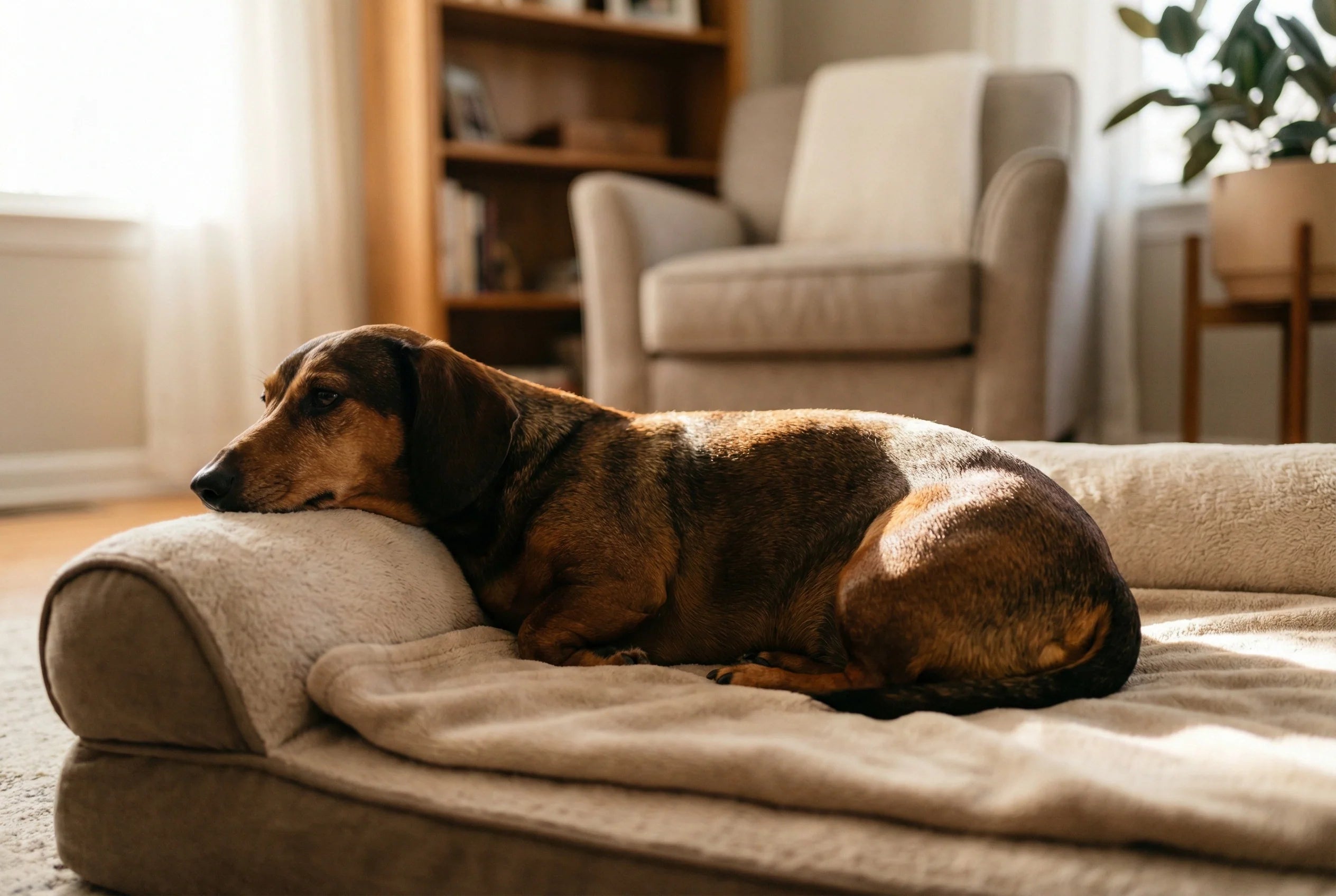 Dachshund walking slowly on a flat sidewalk with mild rear leg instability to illustrate early IVDD mobility changes
