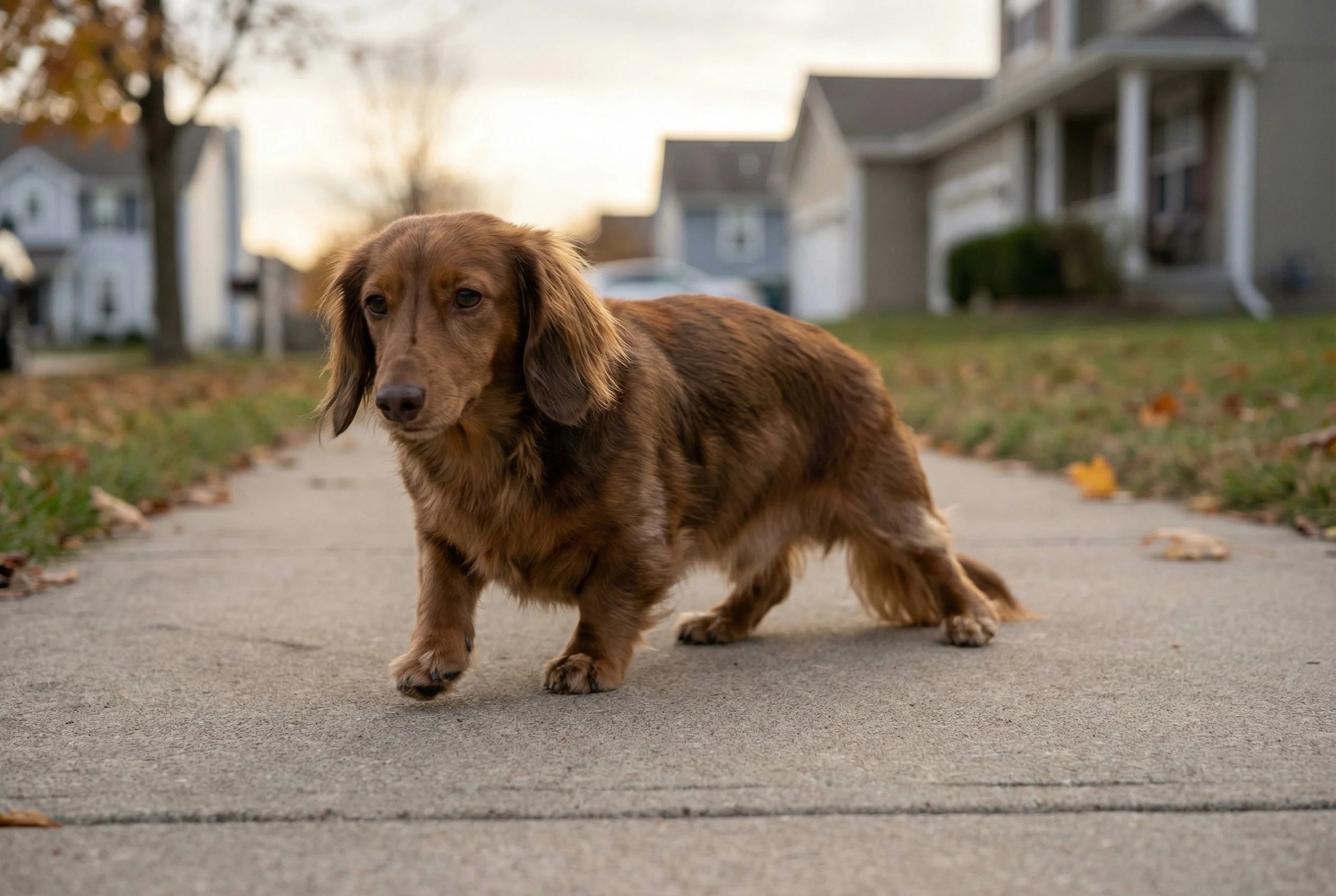 Dachshund walking slowly on a flat sidewalk with mild rear leg instability to illustrate early IVDD mobility changes