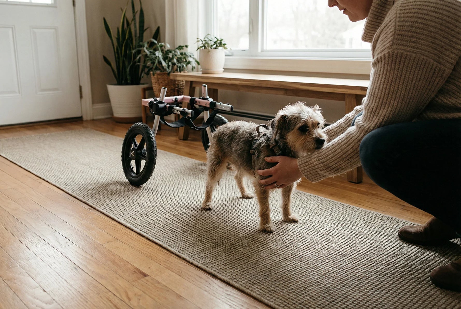 Small dog on a non slip runner in a home entryway with owner guiding calmly, rear support dog wheelchair placed nearby during introduction session