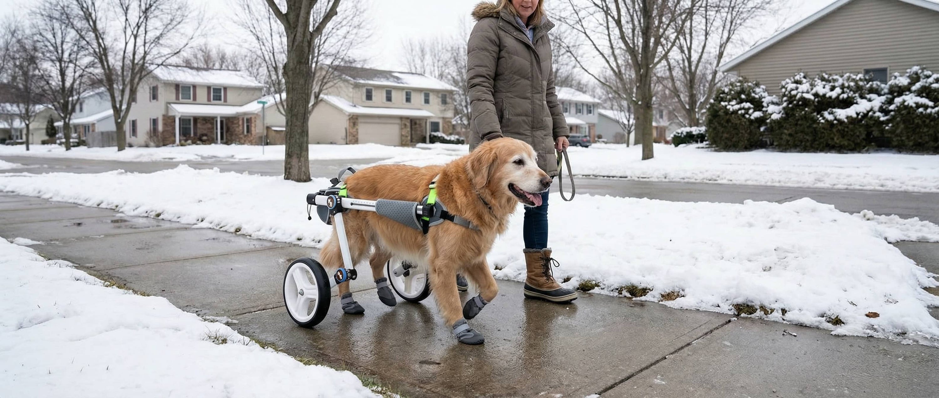 Wide, natural lifestyle photo of a senior dog in a rear-support wheelchair on a cleared winter sidewalk