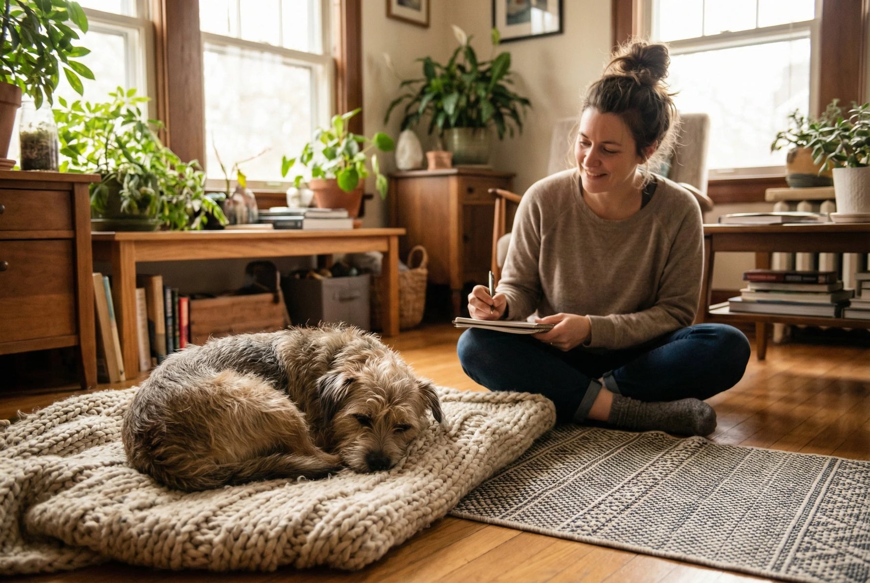 Small dog resting on a soft blanket in a bright living room while owner sits nearby writing notes and observing calmly, non slip runner visible