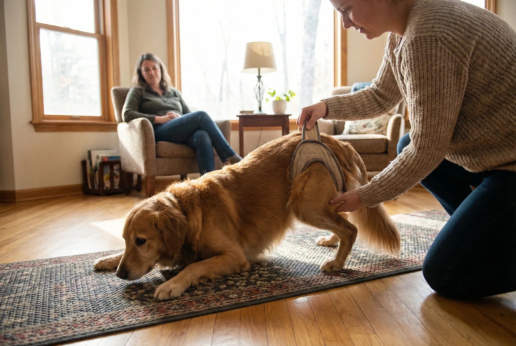 Labrador Retriever resting on a non slip runner in a bright living room while owner supports hindquarters with a soft sling during assisted stand