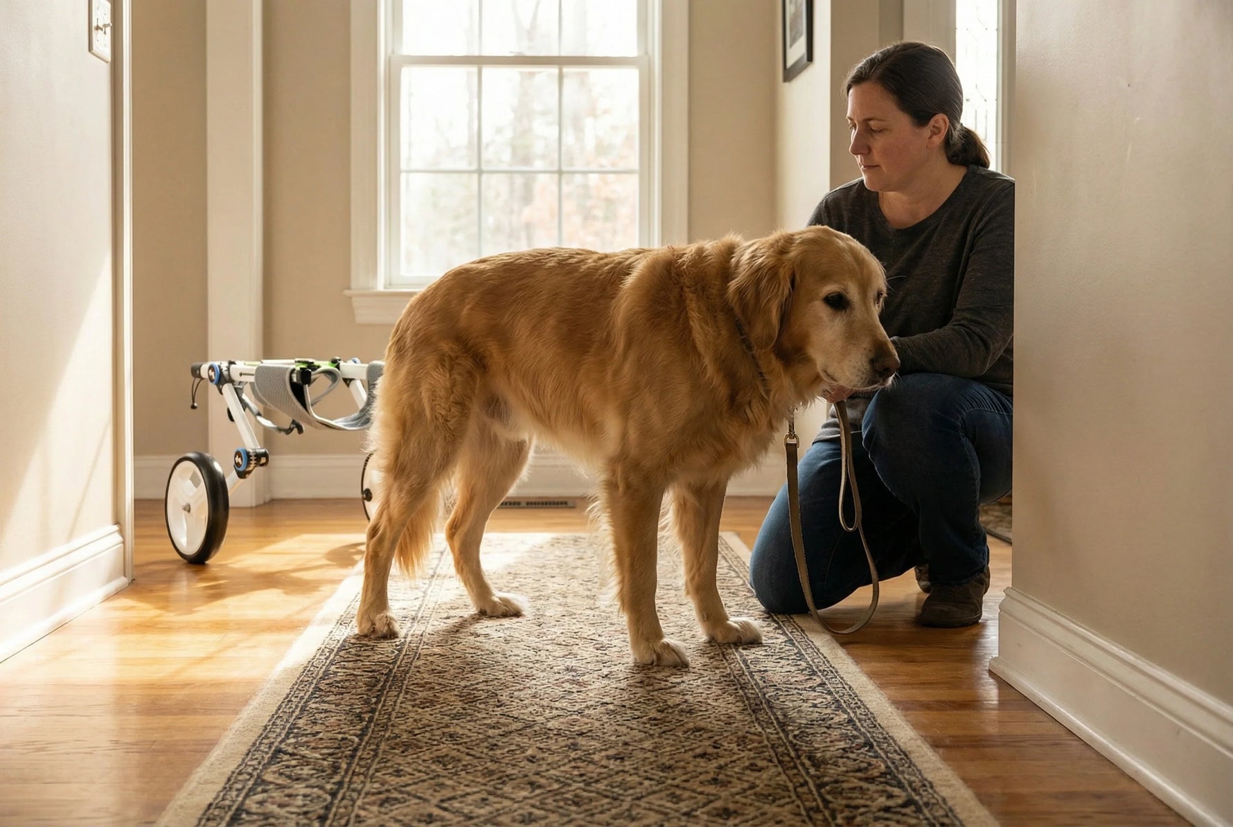 Golden Retriever standing on a non slip runner in a bright hallway while owner observes gait with loose leash, rear support dog wheelchair resting nearby