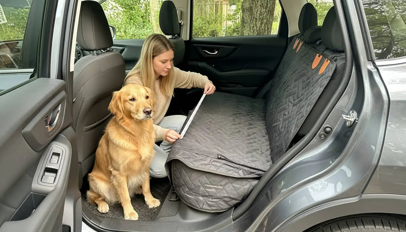 women measuring a dog seat cover in a car next to a golden retriver