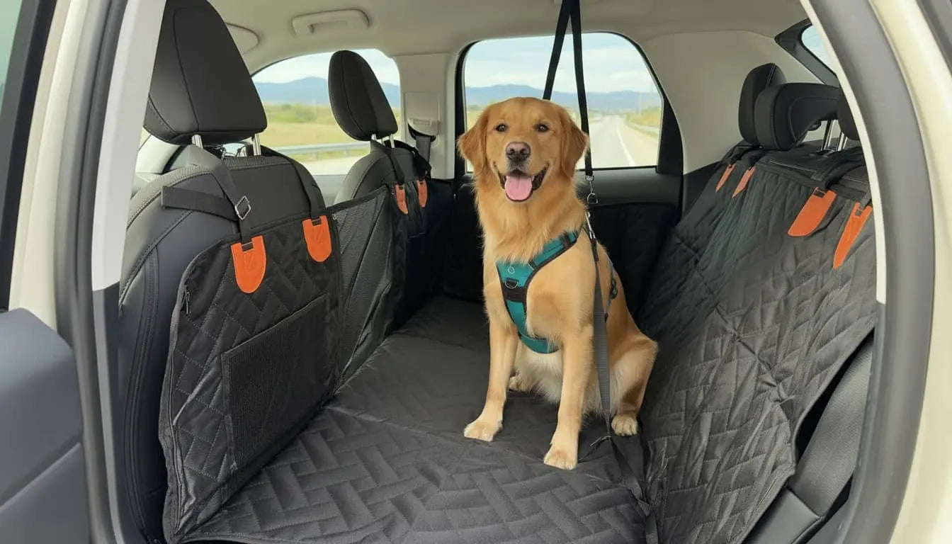 Golden retriever in a car with a car seat cover with seatbelt access