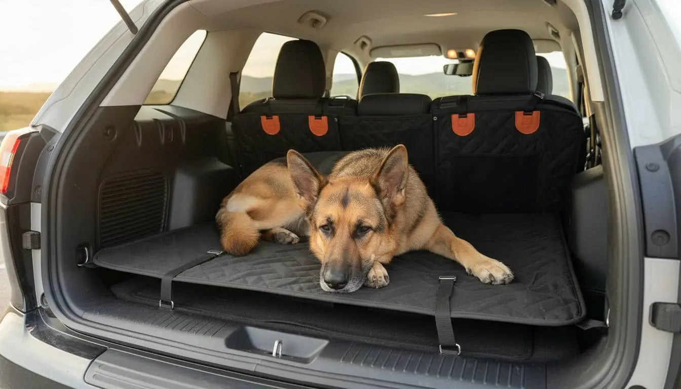 german shephard lying in the trunk of a car using a dog seat cover