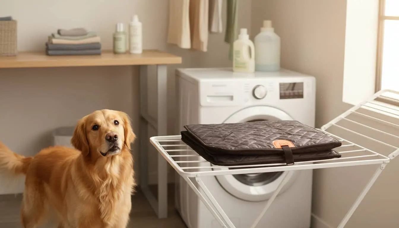 golden retriever next to a whsiker bark car seat cover recently machine washed