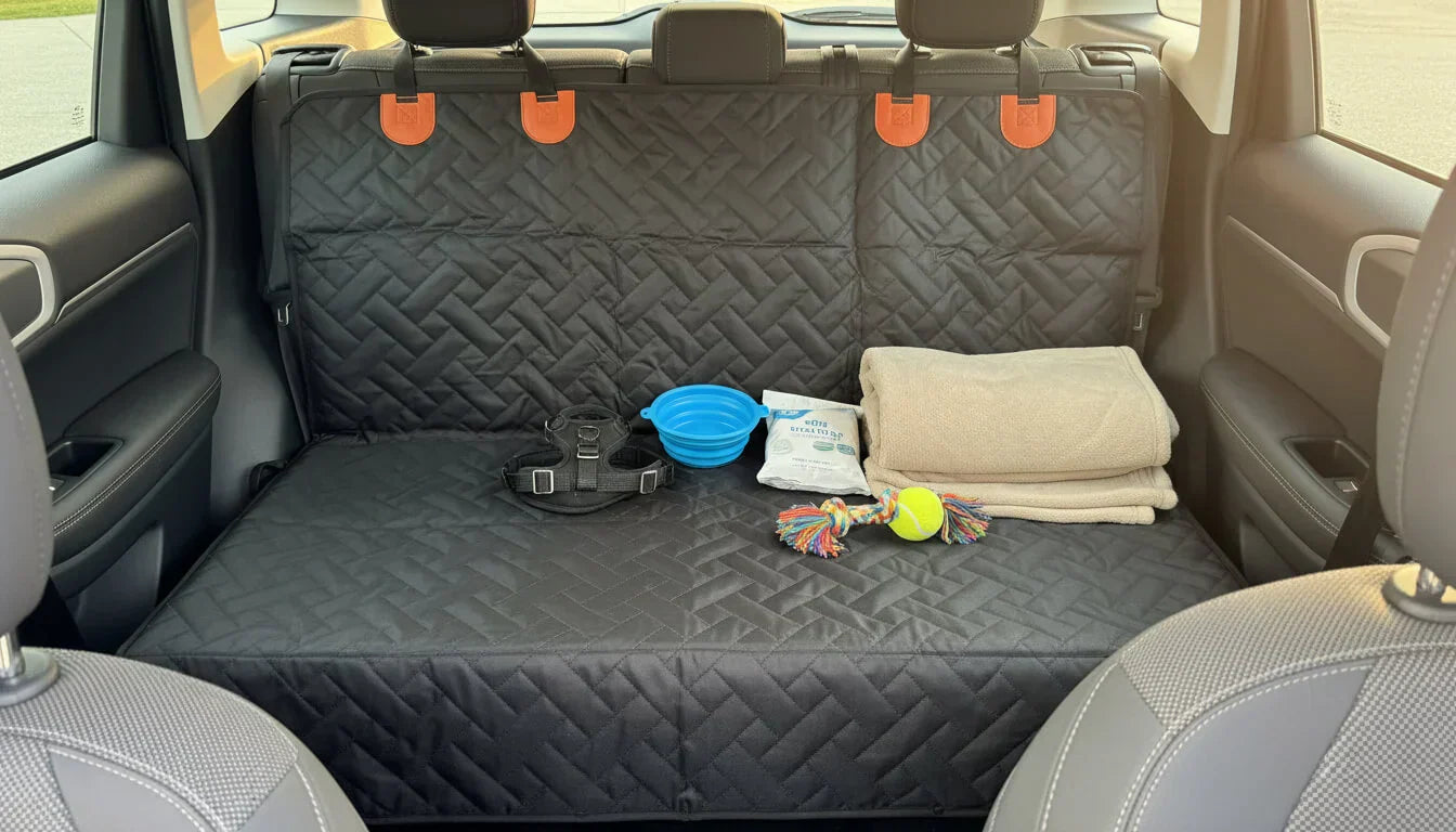 essential travel items like a harness, collapsible bowl, blanket, toys over a whisker bark waterpoof seat cover