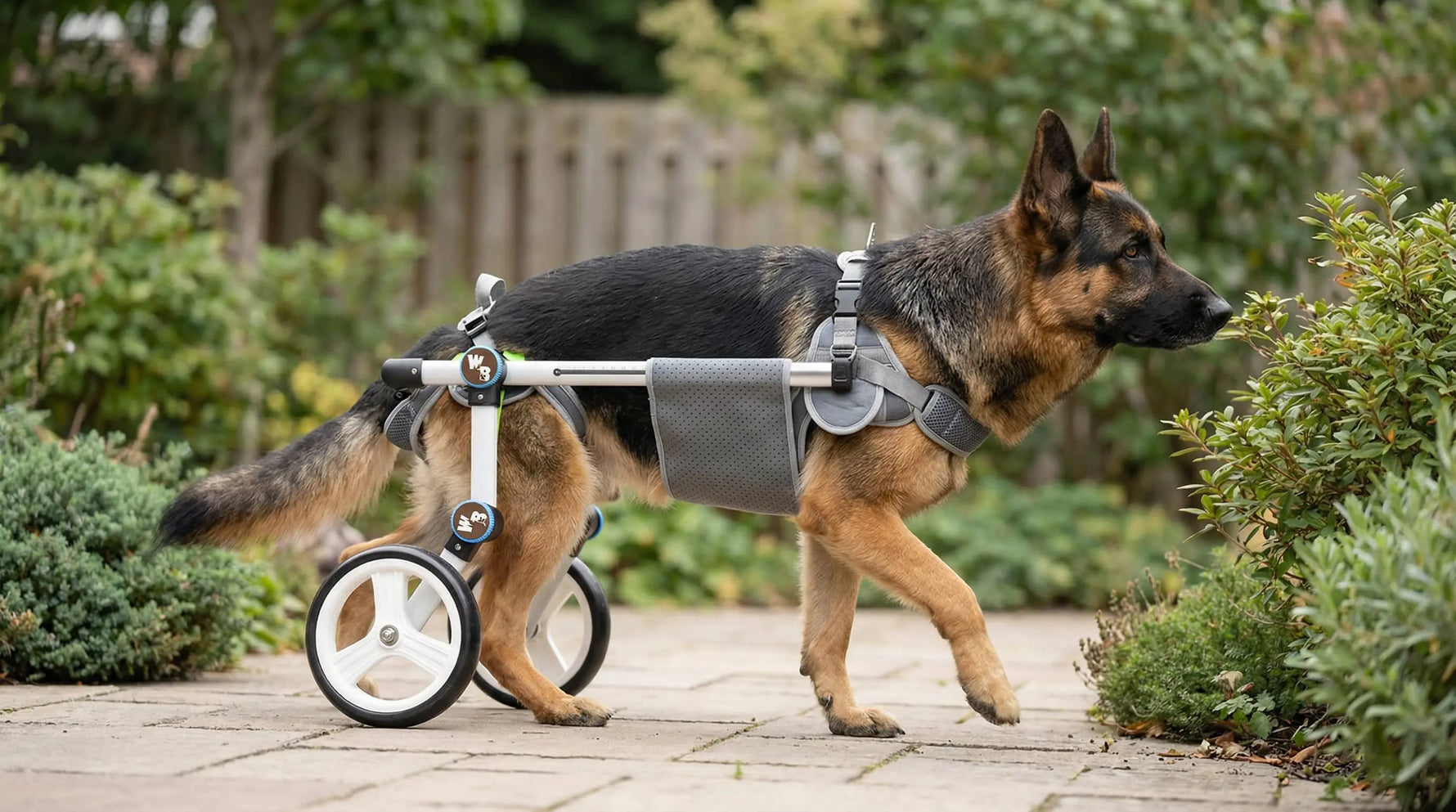 German shepherd using a dog wheelchair outdoors