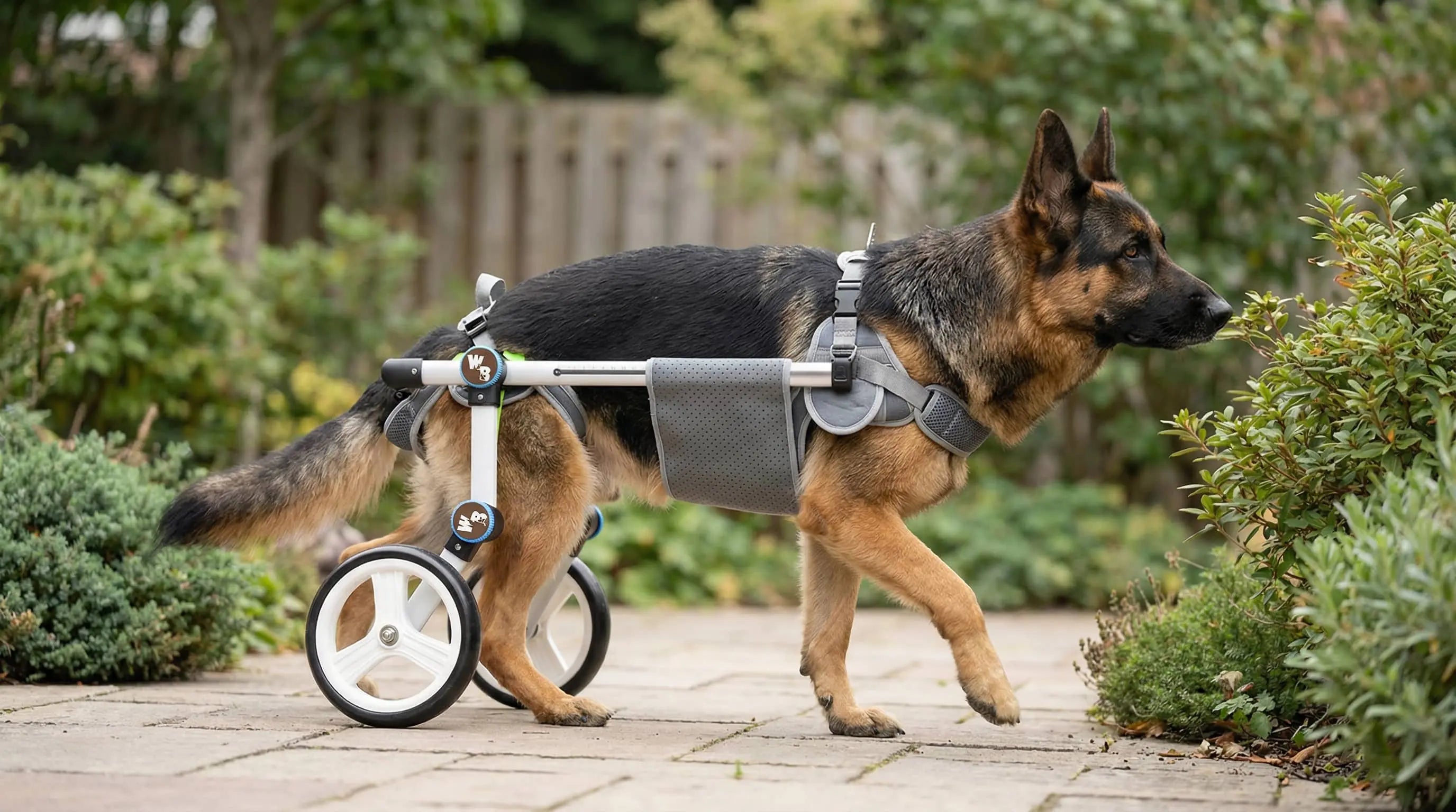 German shepherd using a dog wheelchair outdoors