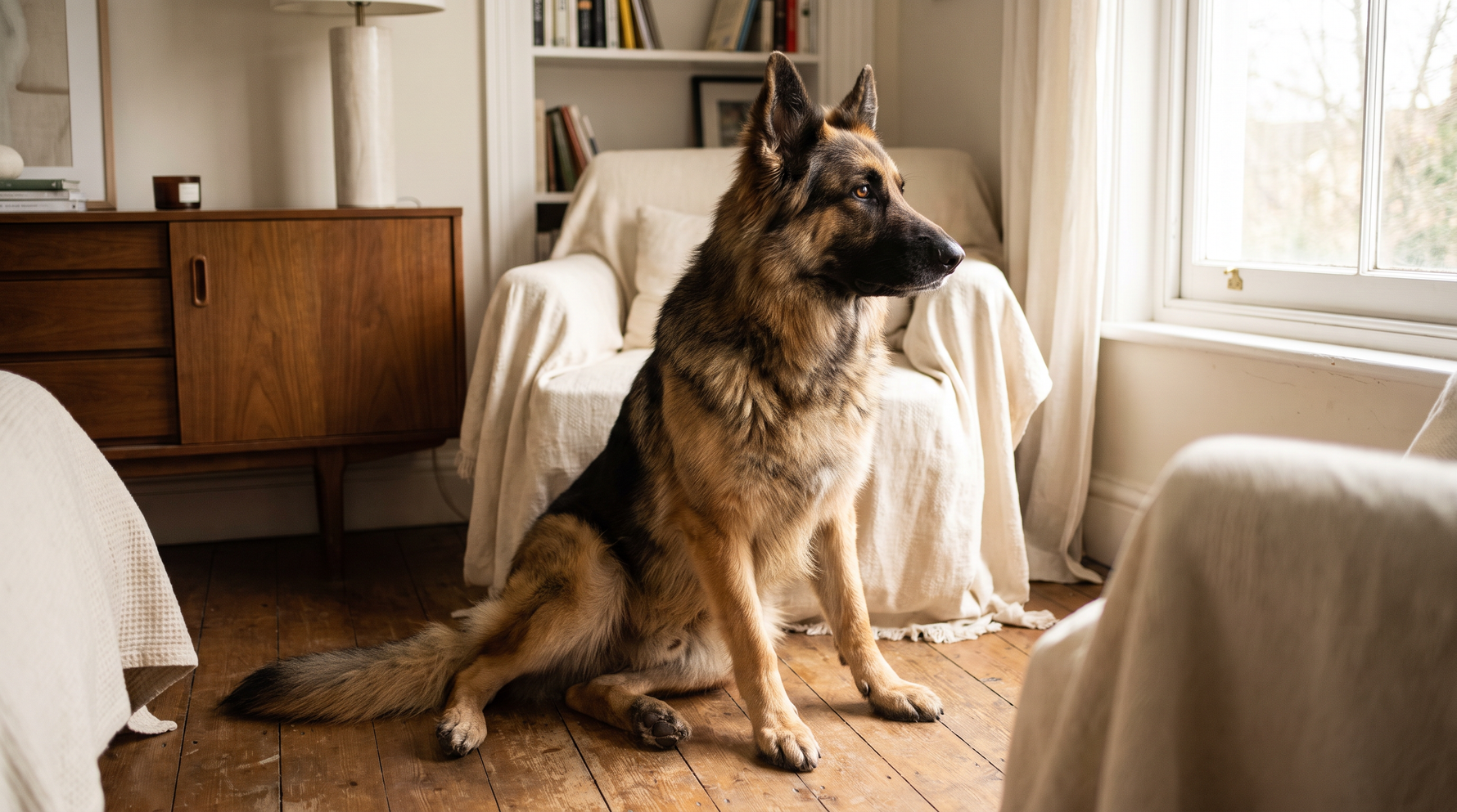 A German Shepherd sitting with its hind legs splayed slightly to one side