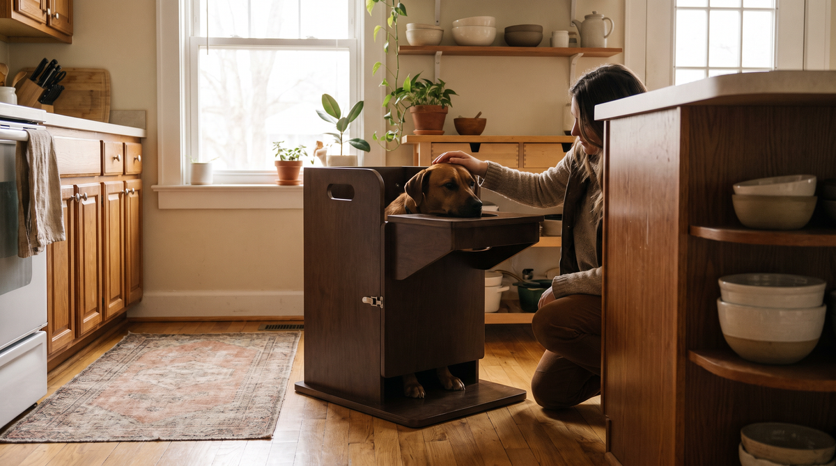 A dog sitting inside the Whisker Bark Bailey chair with an owner kneeling beside it