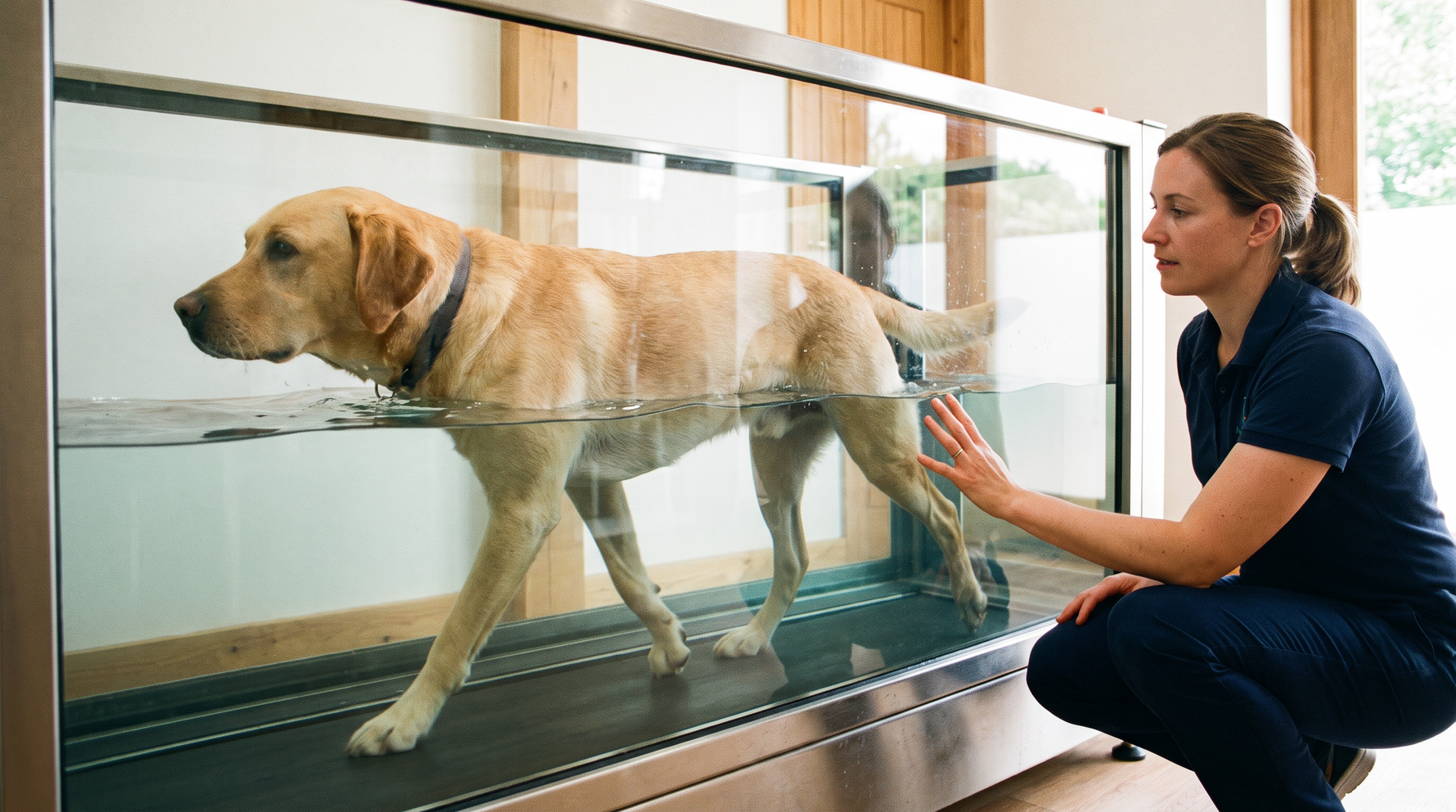 A labrador walking on an underwater treadmill in a glass hydrotherapy tank