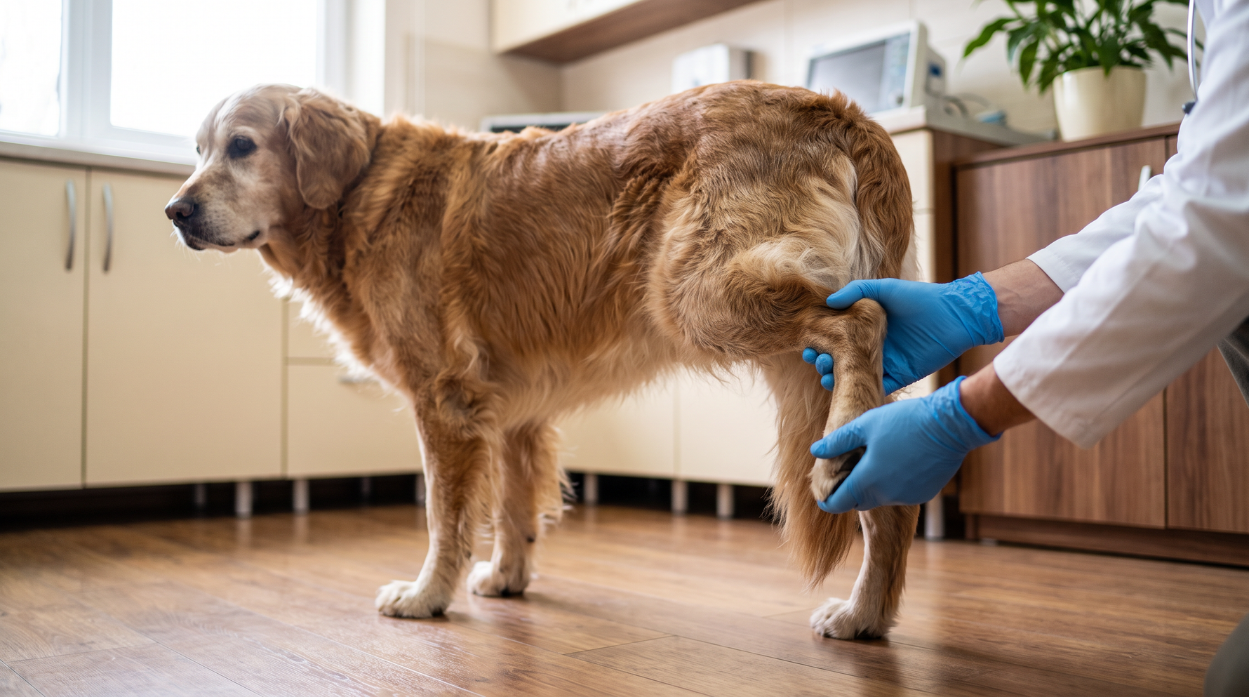 A vet's gloved hands testing how quickly an older dog rights a turned hind paw