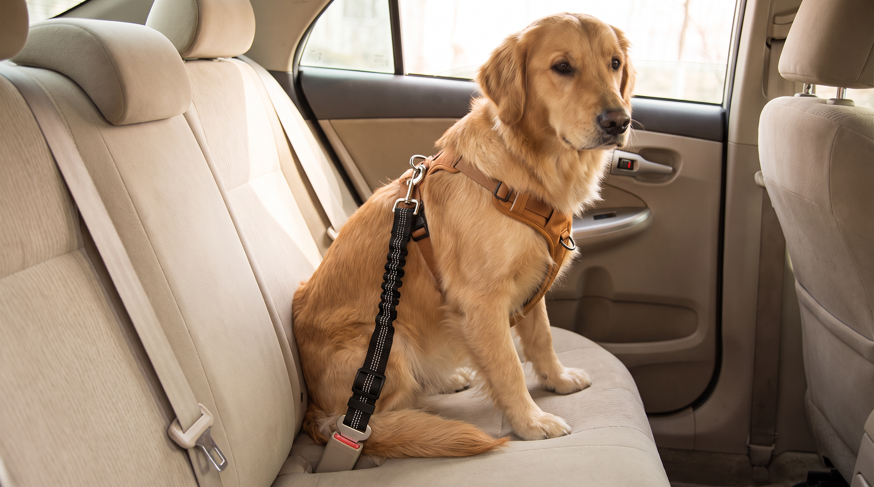 A dog seat belt restraint clipped between the vehicle buckle and a padded harness