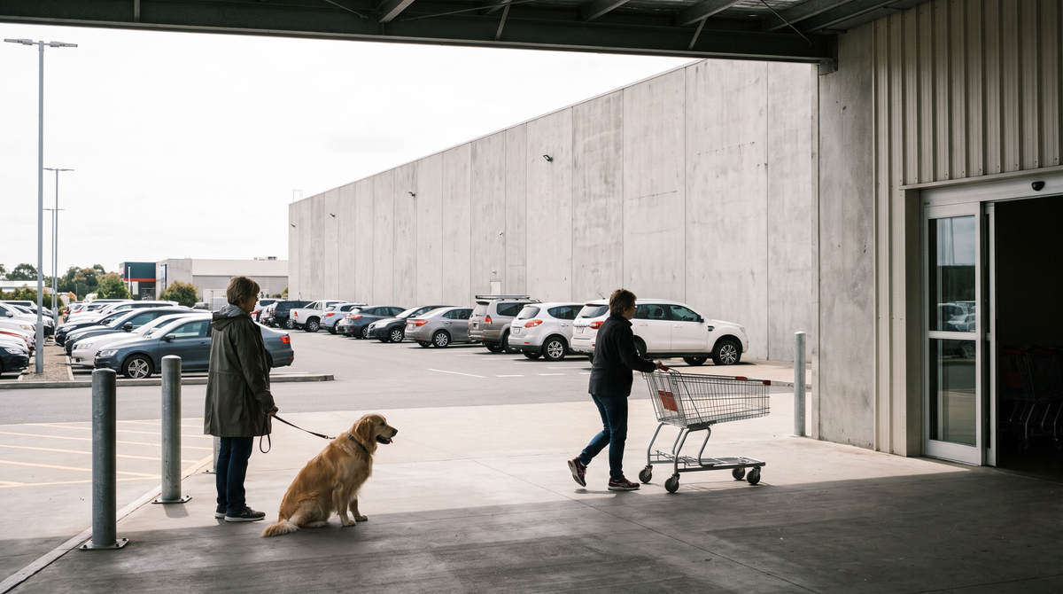 One person waiting outside a warehouse store with a golden retriever while another goes in