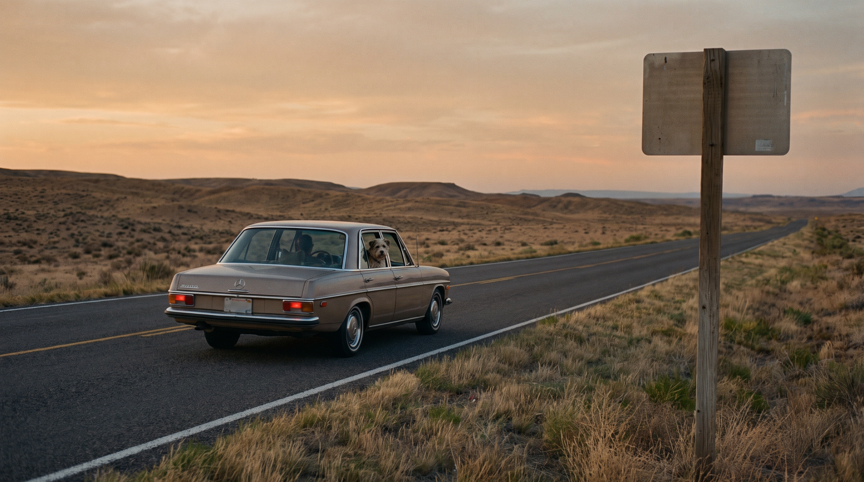 A car on an open American highway with a dog visible safely inside the closed rear window