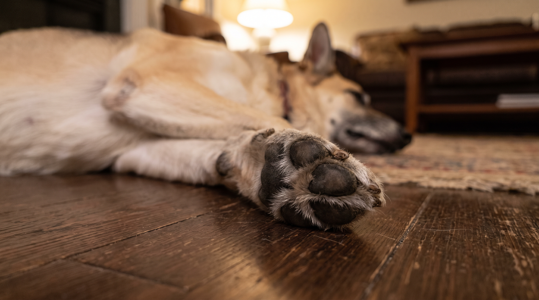 An older German Shepherd's hind paw knuckled over onto its upper surface on a wooden floor