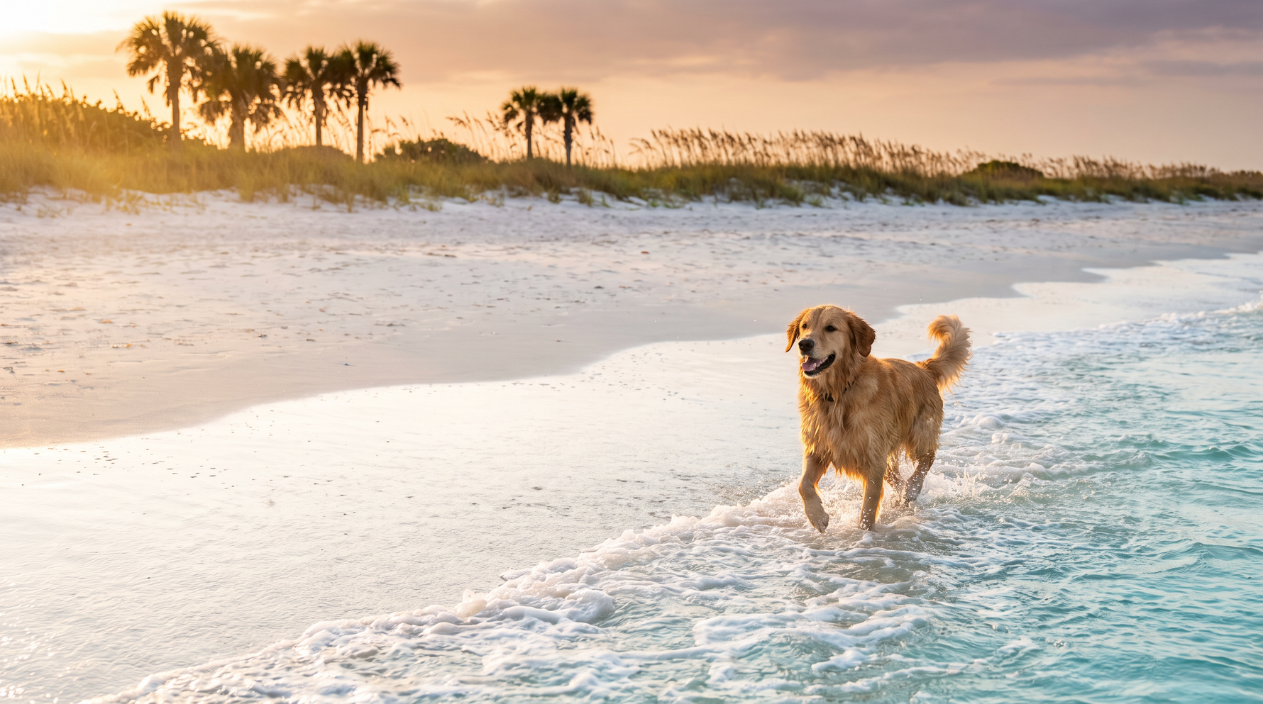 A retriever running through shallow surf on a white sand Florida beach at golden hour