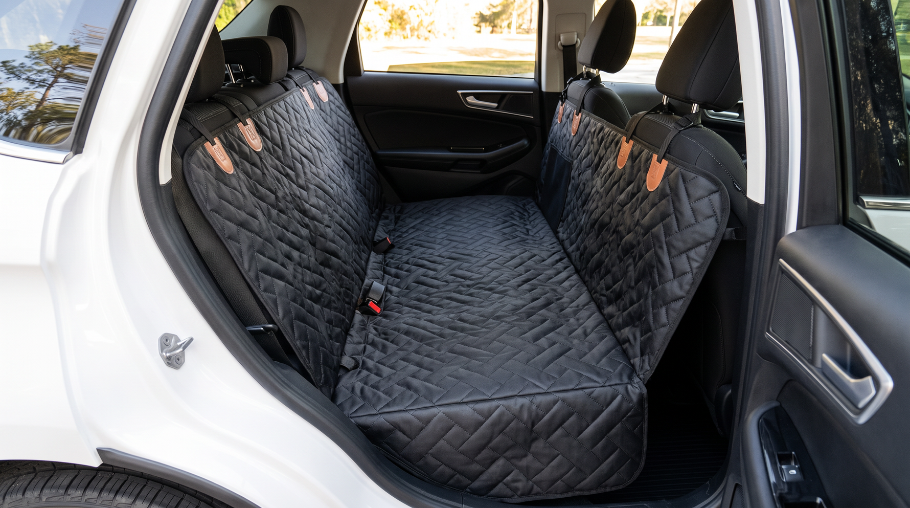 A hard bottom dog seat cover installed flat and taut across a car back seat