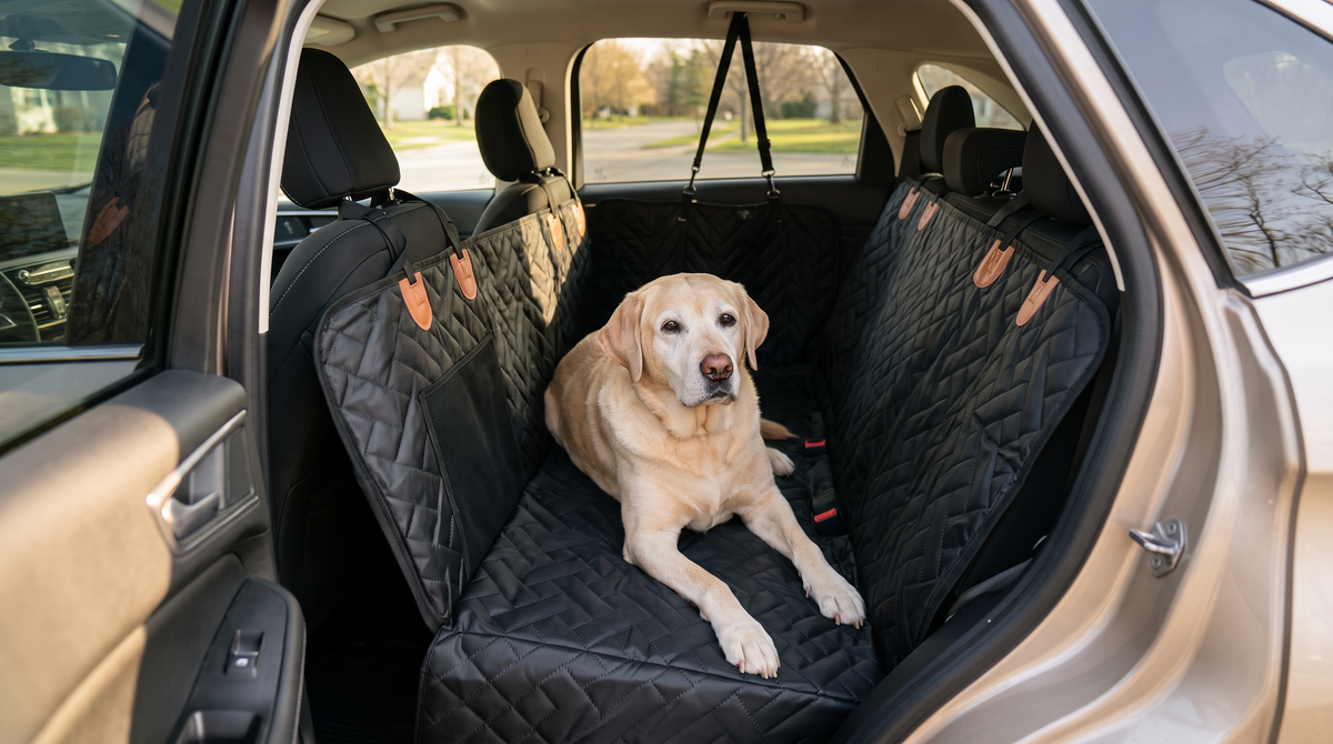 A senior labrador sitting on a Whisker Bark hard bottom seat cover in a car back seat