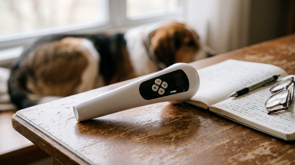 The Whisker Bark red light therapy device on a table beside an open notebook and reading glasses