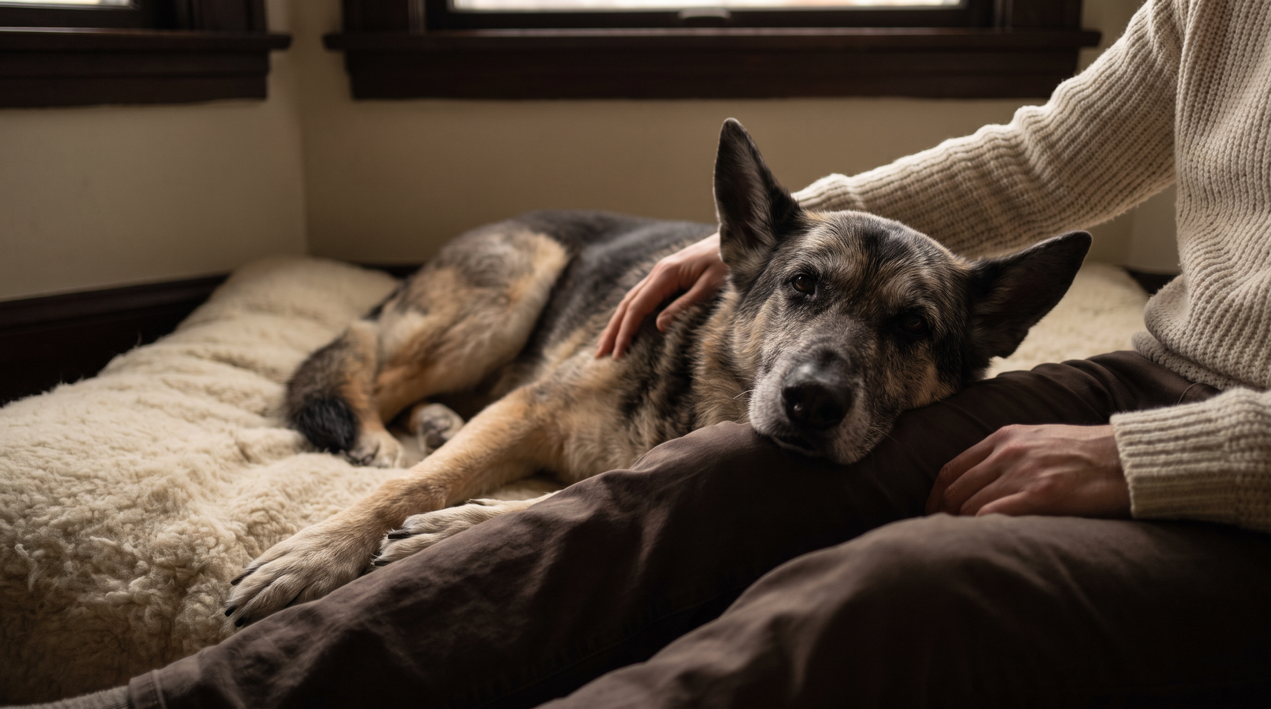 A very old German Shepherd resting its head on its owner's lap in evening light
