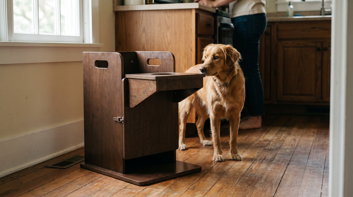 The Whisker Bark Bailey chair standing on a kitchen floor with a golden retriever beside it
