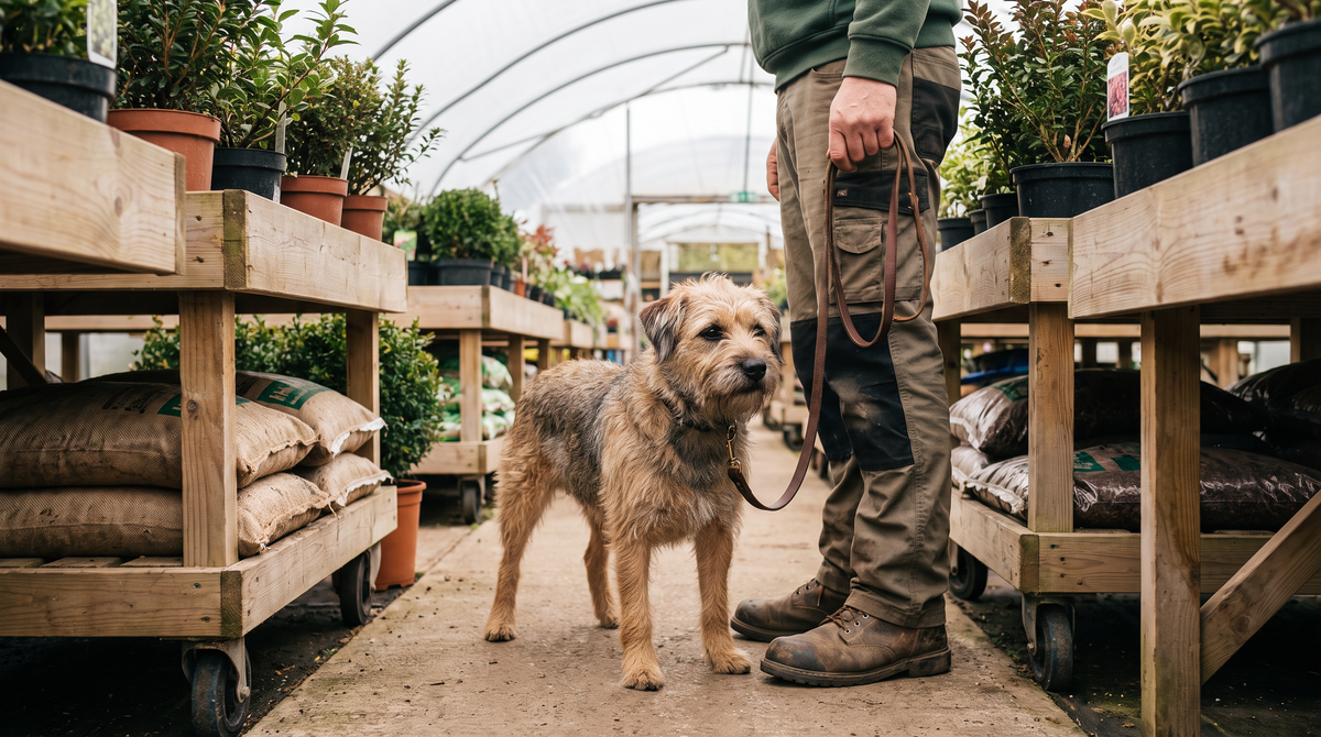 A dog on a lead in the plant aisle of a garden centre