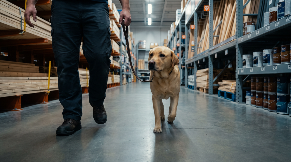 A labrador on a lead walking beside its owner down a home improvement store aisle