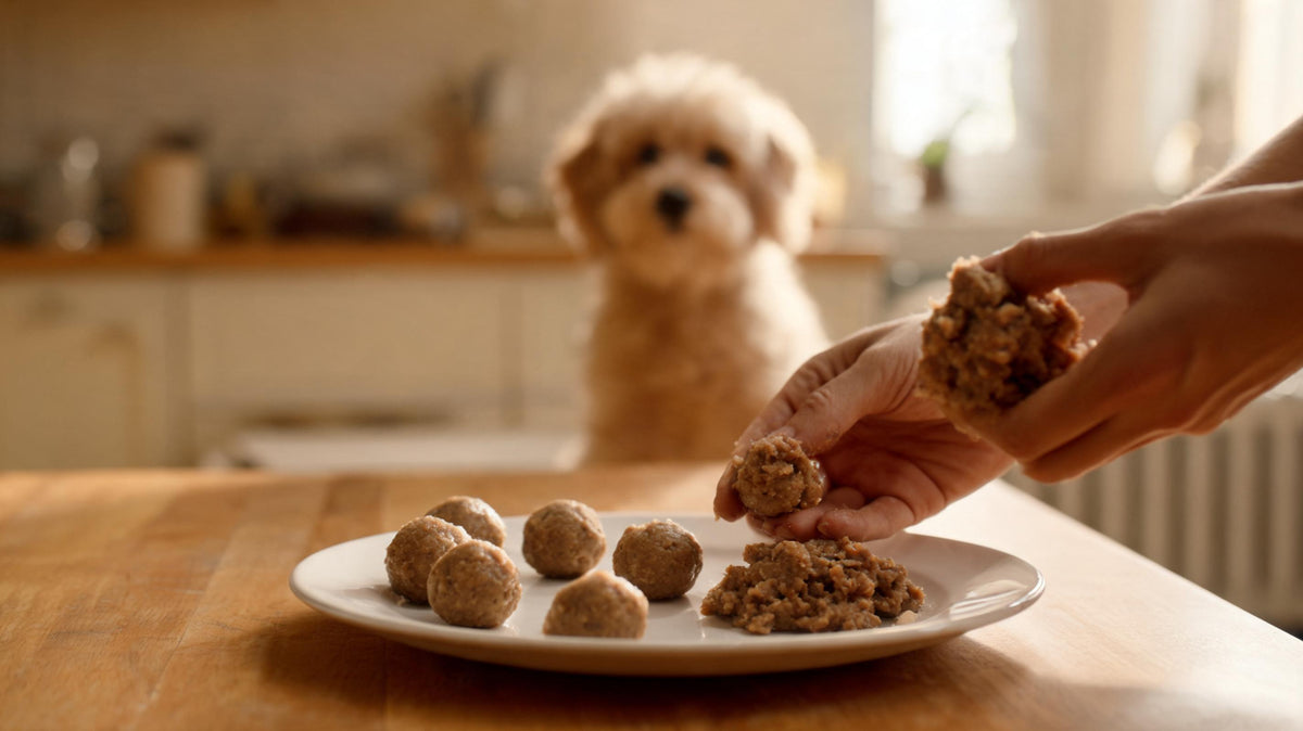 Hands rolling soft wet dog food into small balls on a plate in a kitchen