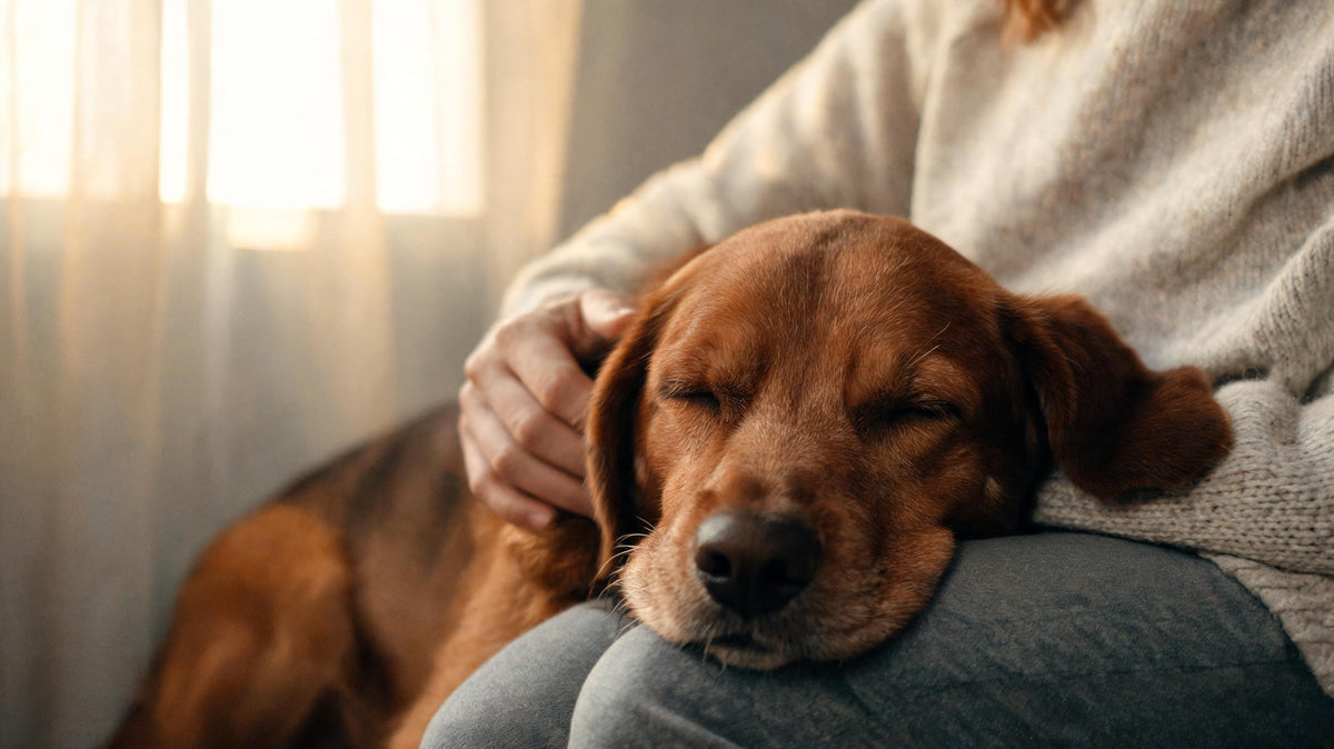 An older dog resting its head on a seated person's lap in late afternoon light