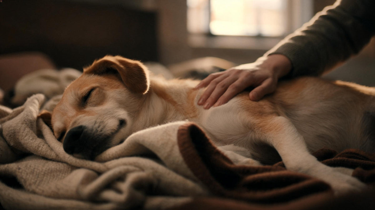 A dog resting on a wool blanket with a person's hand on its ribcage