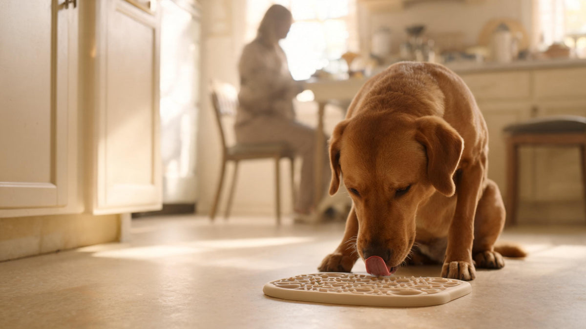 A dog sitting patiently licking a lick mat on a kitchen floor