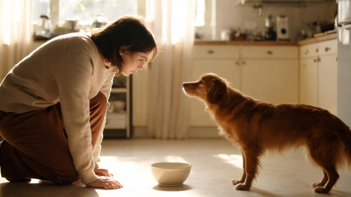 A person crouched on a kitchen floor watching their dog beside an empty bowl