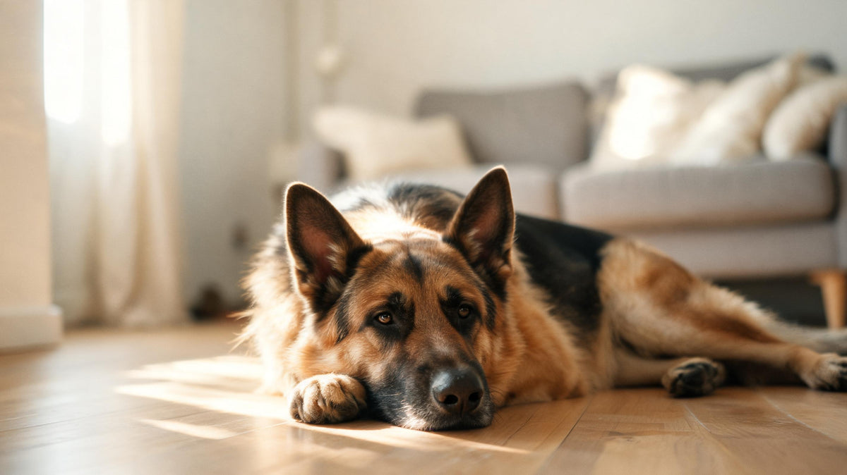 A German Shepherd resting on a wooden floor in soft afternoon light