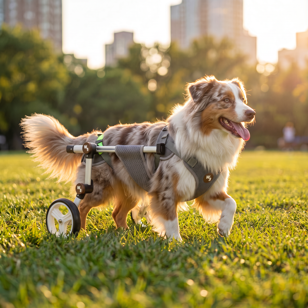 A medium-sized dog with a marbled coat stands on grass in a park wearing a wheeled dog wheelchair harness. The background shows a blurred city skyline at sunset.