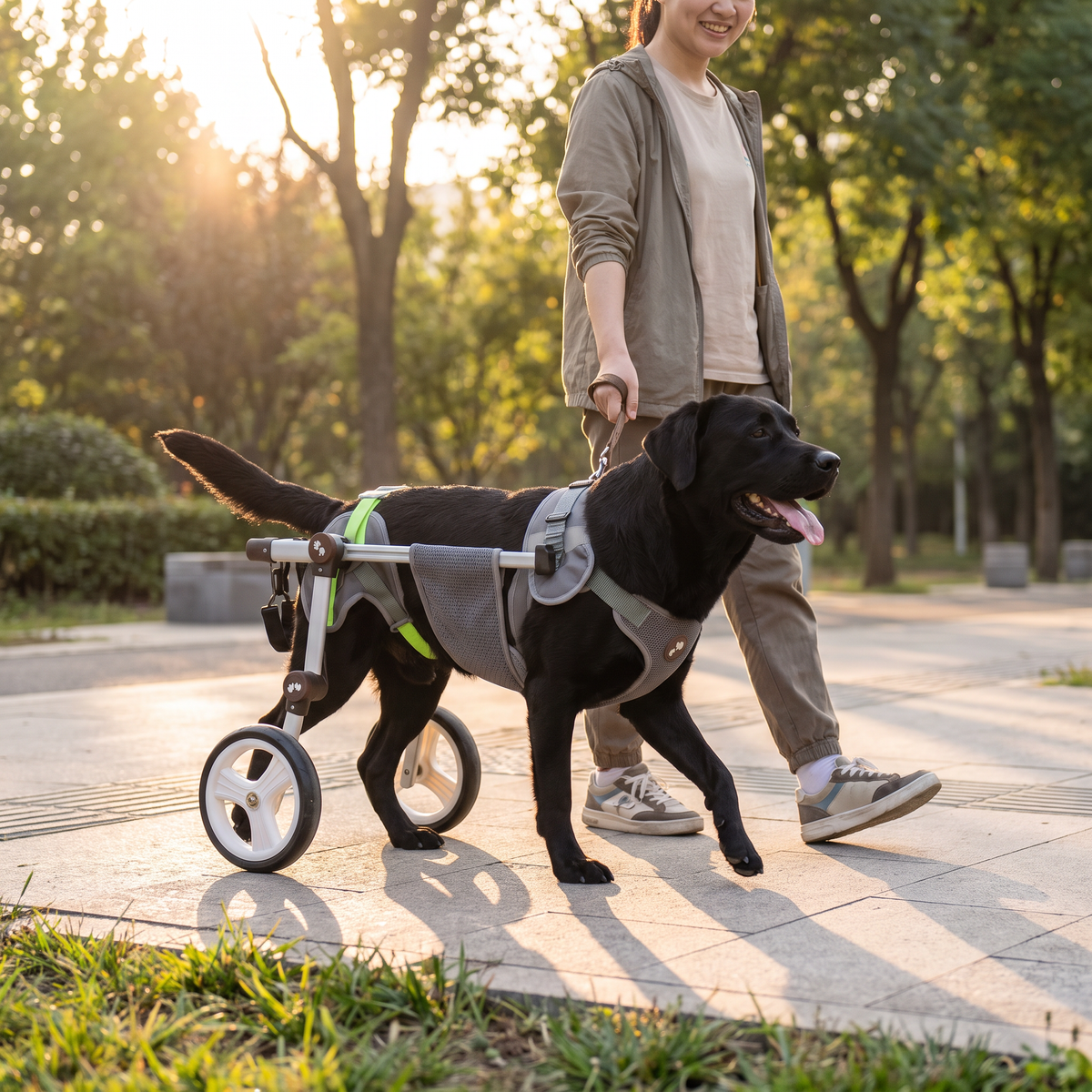 A black dog using a two wheel mobility stroller in a park, being walked by a person on a sunny day.