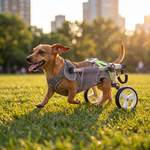 A small brown dog running on a grassy park lawn at sunset, wearing a wheeled dog wheelchair harness. Tall blurred buildings are visible in the background.