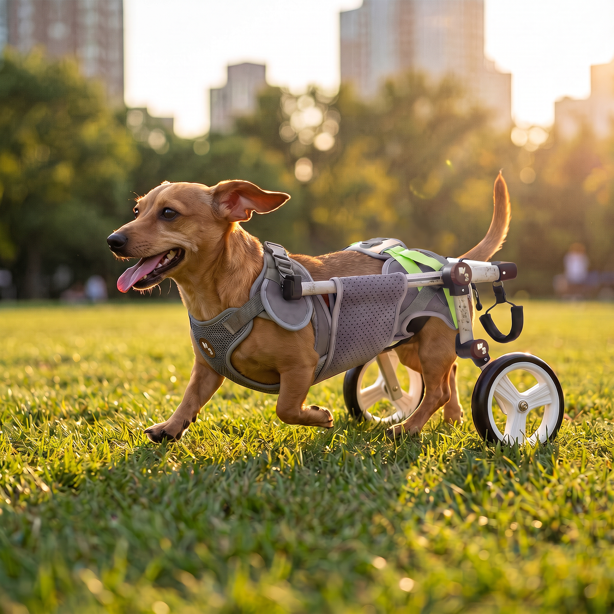 A small brown dog running on a grassy park lawn at sunset, wearing a wheeled dog wheelchair harness. Tall blurred buildings are visible in the background.